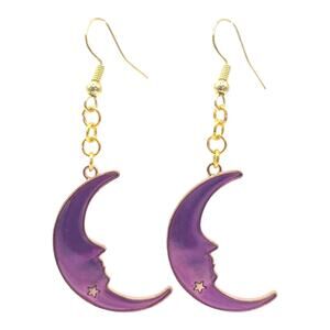Purple Crescent Moon Face Earrings Celestial Dangle Jewelry Lunar Astrology Boho
